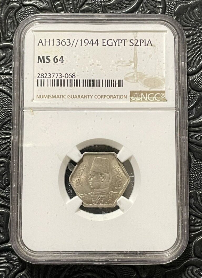 Read more about the article EGYPT  1944 SILVER 2 PIASTRES. KING FAROUK. NGC MS 64. RARE.