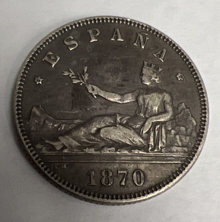 Read more about the article 1870 DEM Spain Silver 2 Pesetas Coin KM# 654