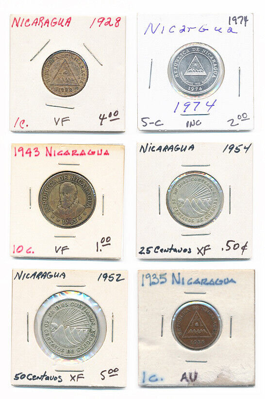 Read more about the article 6 Nicaragua Coins: 1923 and 35–1 centavo  1943–10c  1952–50c  1954–25c  1974–5c.