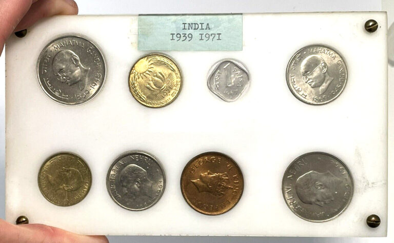 Read more about the article 1939 -1971 India Republic/British 8 Coin Set Gandhi Bombay Mint Uncirculated+