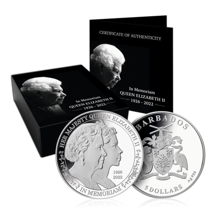 Read more about the article In Memoriam Queen Elizabeth II Double Portrait 1oz Silver Coin $5 2023 Barbados