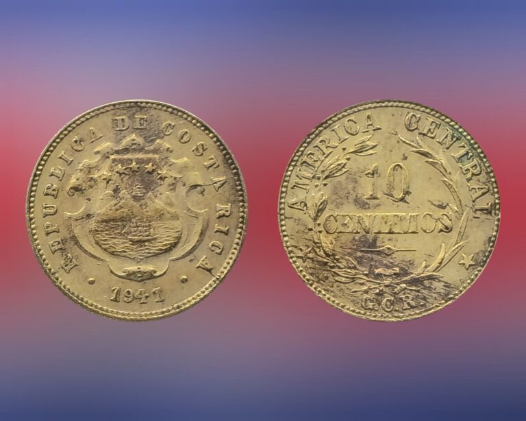 Read more about the article 1941 Costa Rica 10 Centimos Coin  coat of arms  laurel wreath  500k Made