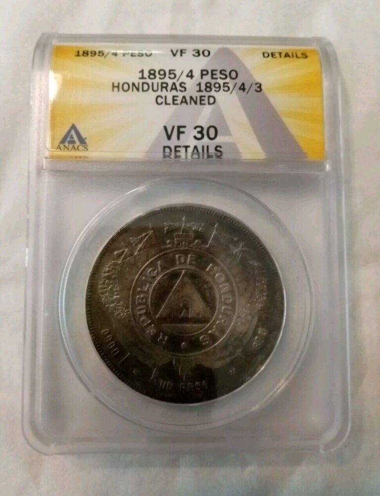 Read more about the article 1895/4/3 Honduras 1 Peso  Cleaned  (.900 Silver) ANACS VF30 Details-Cleaned