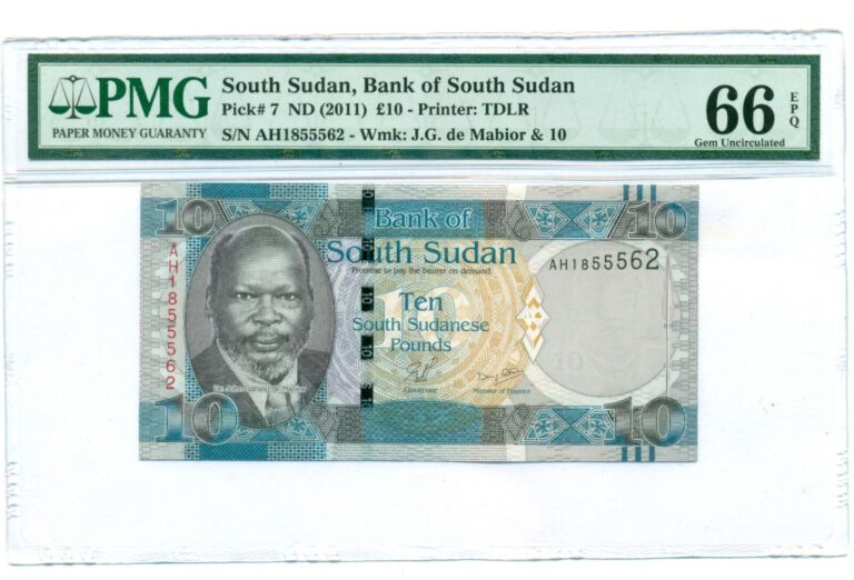 Read more about the article South Sudan 2011 10 Pounds Bank Note Gem Unc 66 EPQ PMG