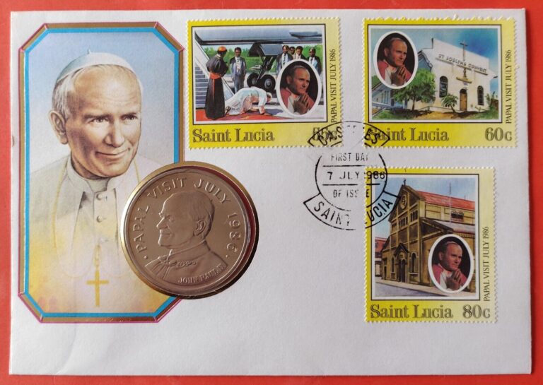 Read more about the article Saint Lucia * $5 1986 BU * Pope John Paul II Coin Cover Stamp 3 TOP!