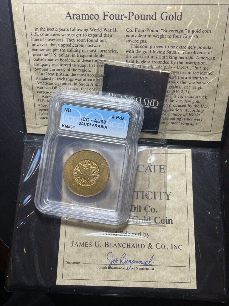 Read more about the article Gold 4 Pounds 1945-46 ARAMCO Saudi Arabia Philadelphia 4p Arab ICG AU58 Coin