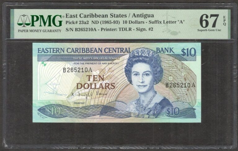 Read more about the article Eastern Caribbean States / Antigua 10 Dollars QE II P-23a2 1985-93 PMG 67 TOPPOP