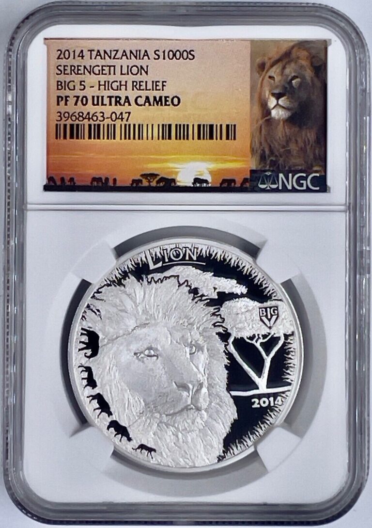 Read more about the article 2014 Tanzania S1000S Serengeti Lion Big 5 High Relief NGC PF70UCAM Proof 999