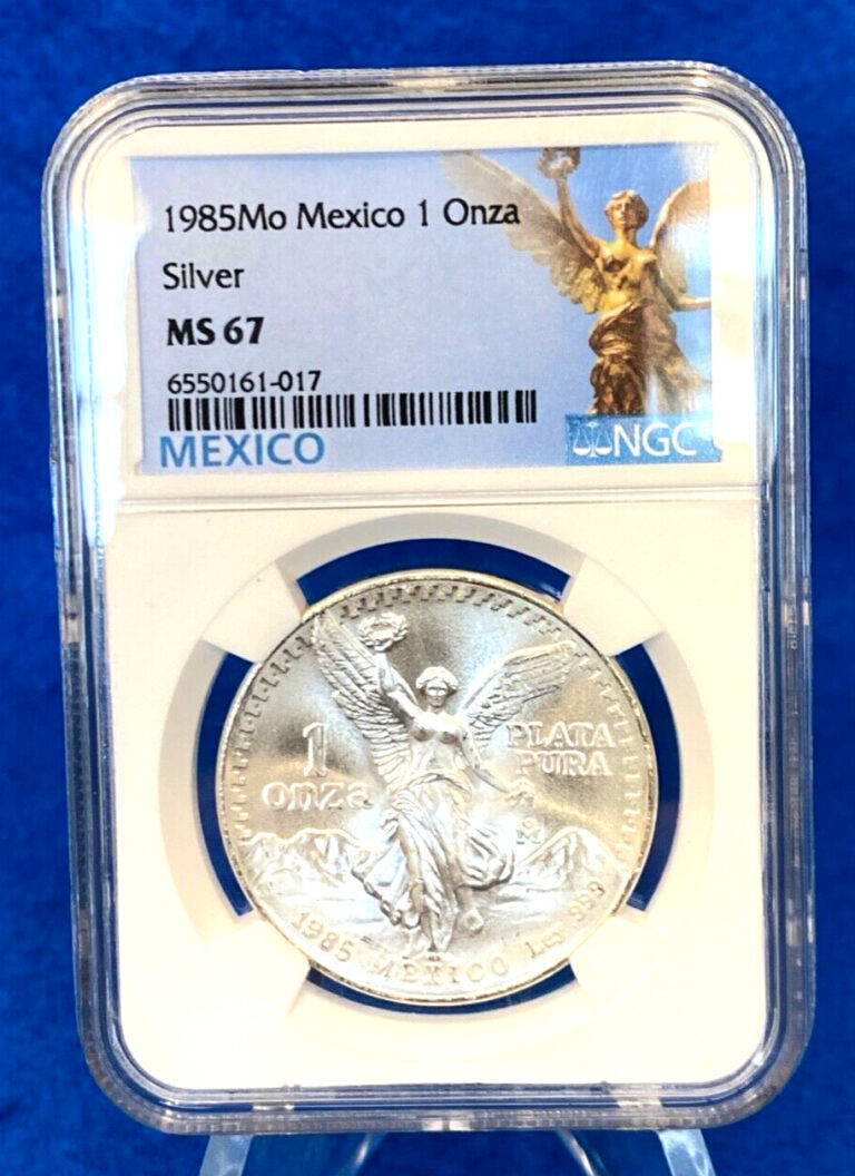 Read more about the article 1985 Mexico Silver 1 Onza .999 Silver NGC MS67