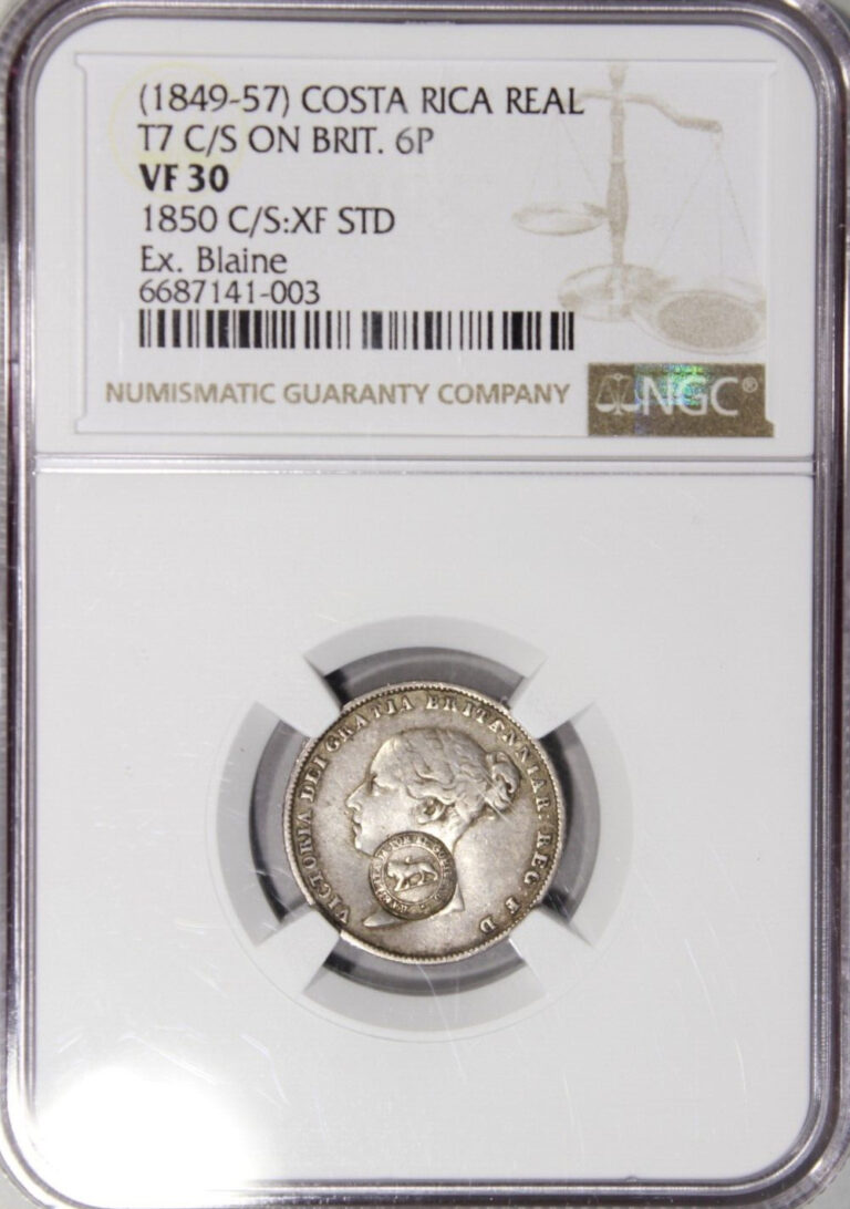 Read more about the article Costa Rica Real 1849-57 C/S on Britain 6pence 1850 NGC VF 30