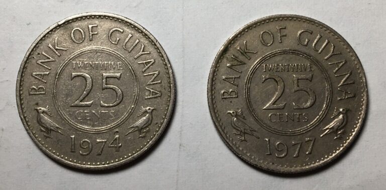 Read more about the article Lot of 2 Guyana 25 cents coins  1974  1977. Circulated. Free shipping.