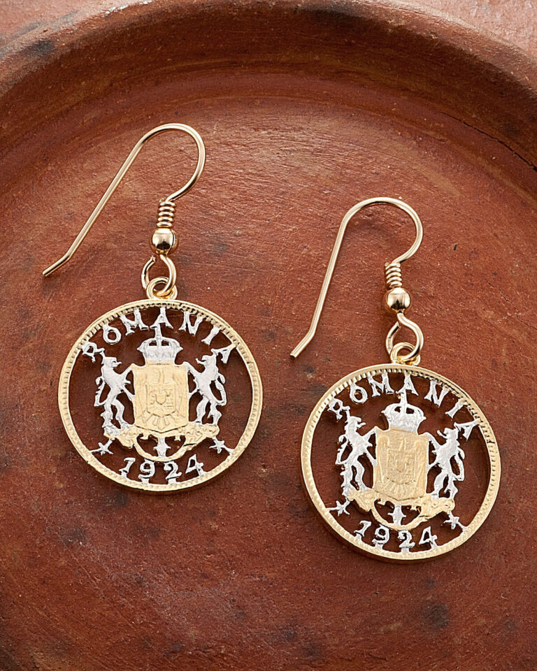 Read more about the article Romania Coin Earrings  Hand Cut Romania One Leu Coins  3/4″ in Dia.  ( # 814E )