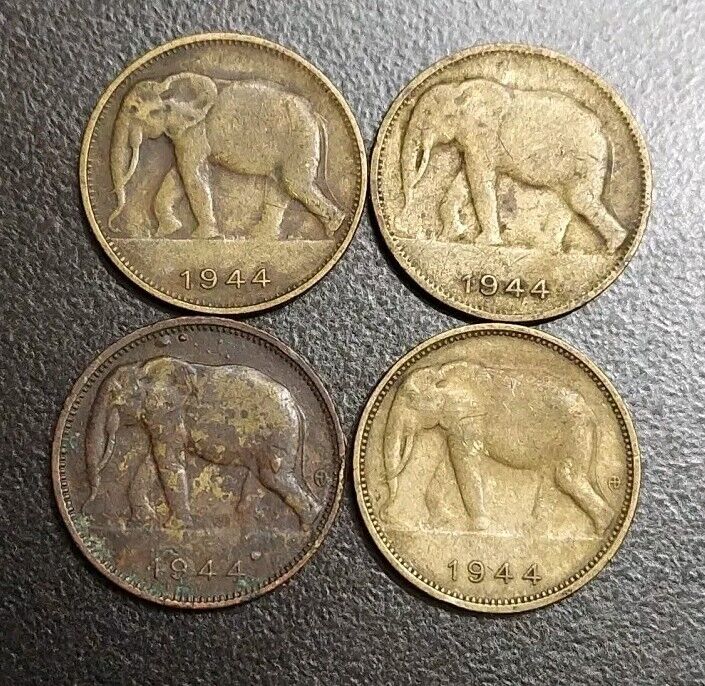 Read more about the article 1944 Belgian Congo 1 Franc Lot Of 4 Coins African Elephant KM 26