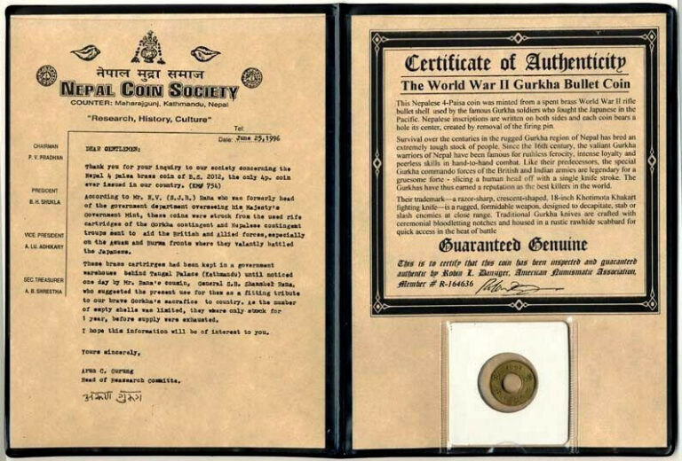 Read more about the article Nepal World War II Gurkha Bullet 4 Paisa Brass Coin COA and History and Album Incl.