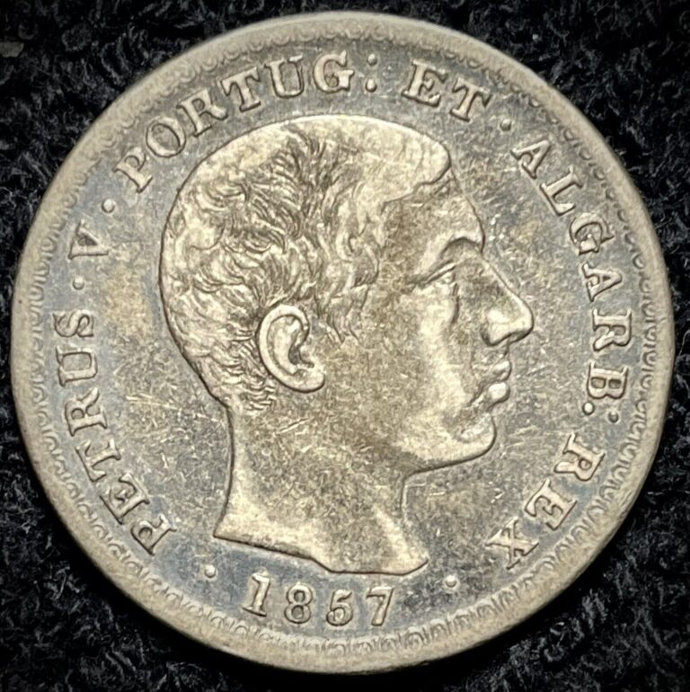 Read more about the article 1857 Silver Portugal 500 Reis Pedro V Coin Scarce Type