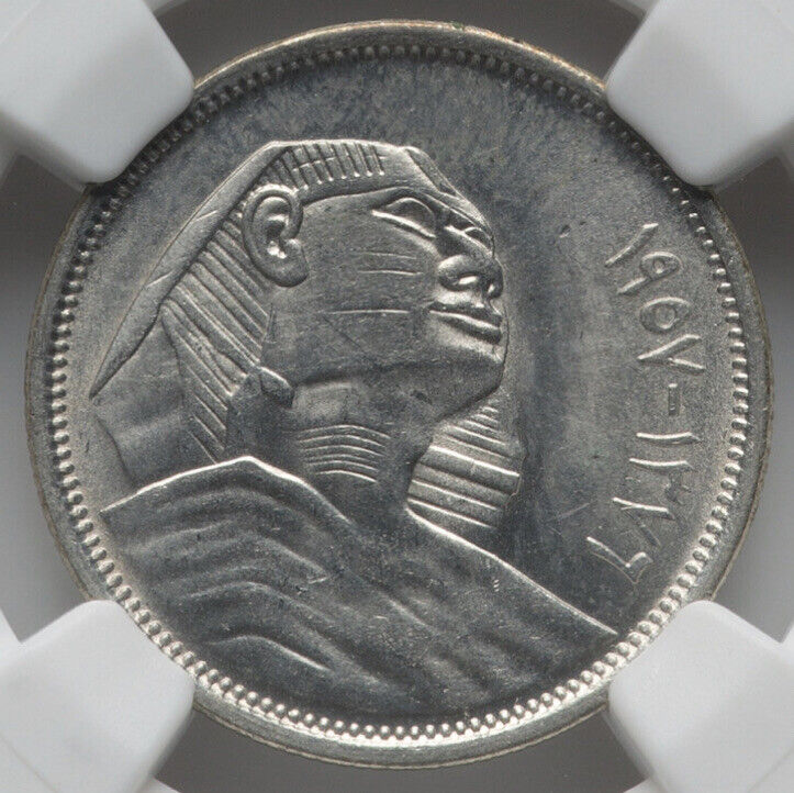 Read more about the article NGC MS64 Egypt 5 Silver Piastres  1957 Republic (1953-1958)  Arabic Sphinx Coin