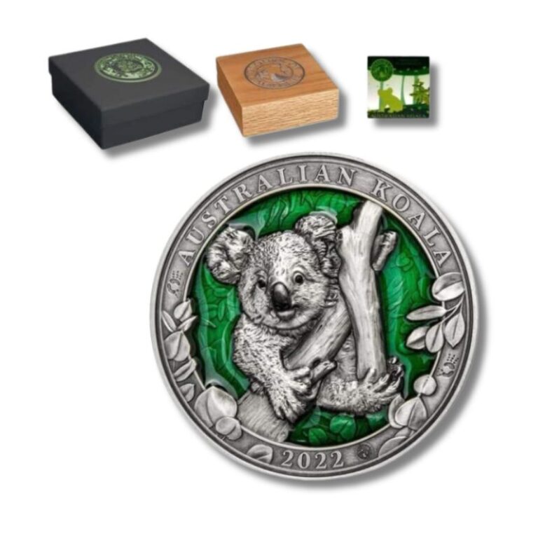 Read more about the article 2022 Barbados Colours of Wildlife – Australian Koala 3oz Silver Antiqued Coin