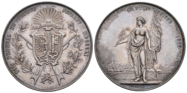 Read more about the article Switzerland Geneva 1851 Unc Shooting Some City View Medal Silver Swiss Unc Rare