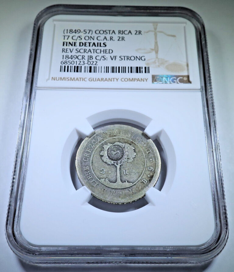 Read more about the article 1849 Costa Rica Silver 2 Reales Counter Stamp NGC F Details Countermark 2R Coin