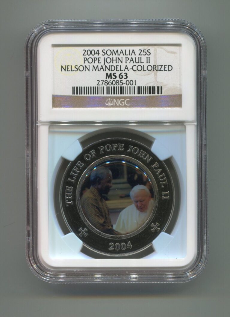 Read more about the article NGC Somalia 25 Shillings MS 63 Pope John Paul 11 Nelson Mandela Colorized Coin