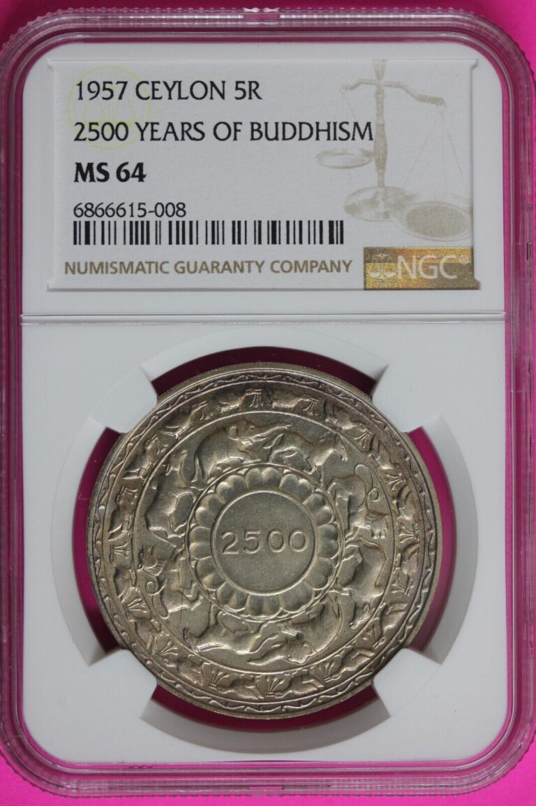 Read more about the article 1957 MS 64 Ceylon 5 Rupees 2500 Years Of Buddhism Silver Coin NGC Certified 1492