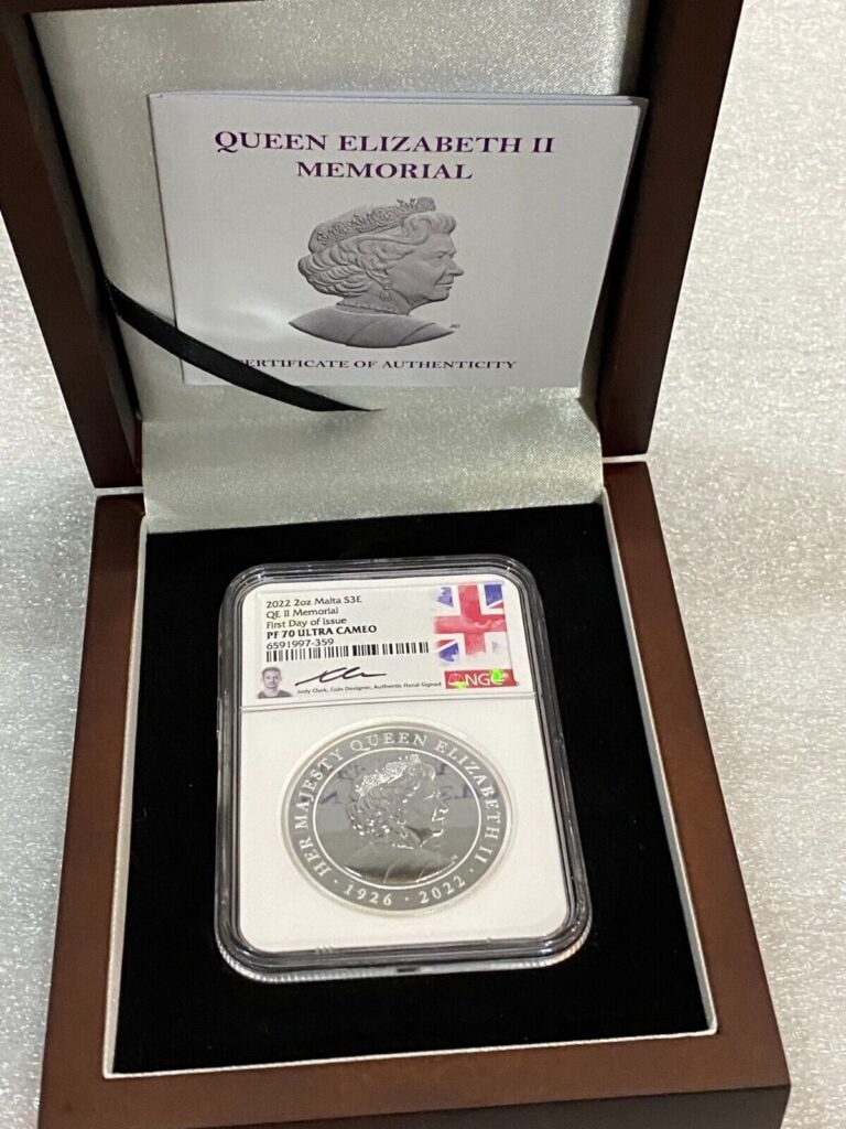 Read more about the article 2022 MALTA 2 OZ SILVER QE II MEMORIAL NGC PF70 UCAM CLARK SIG w/ DISPLAY BOX