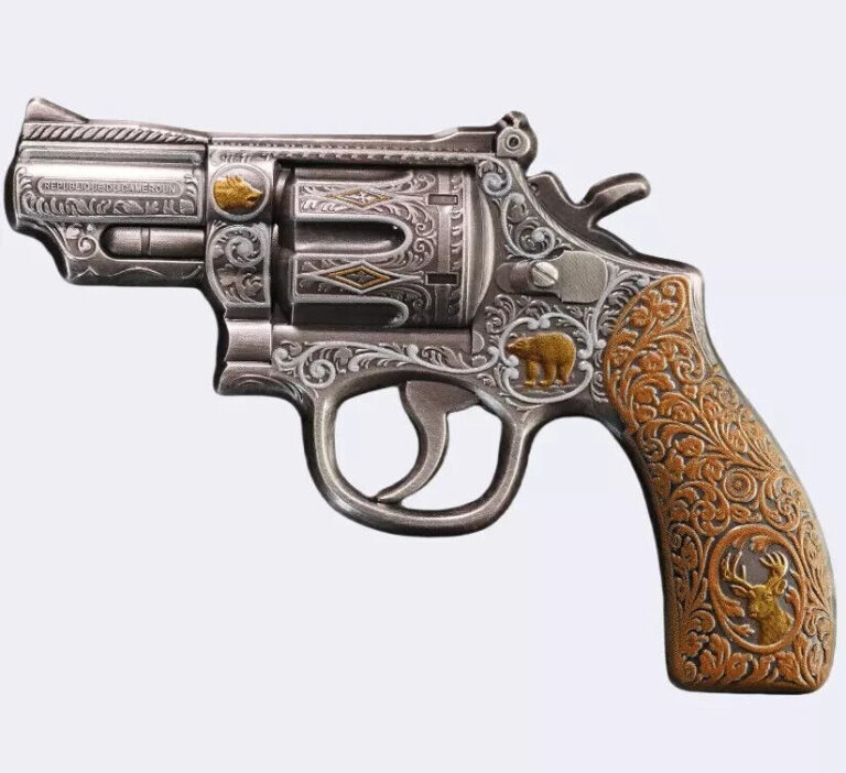 Read more about the article 2024 Cameroon Revolver Gun 2 oz Silver Antiqued High Relief Shaped Coin