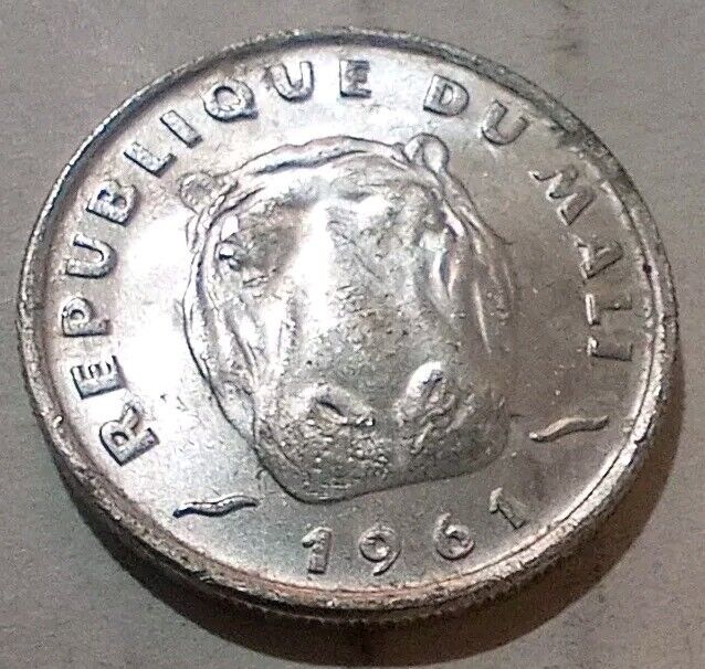 Read more about the article Hippo Hippopotamus Head 5 Francs Coin of Mali 1961 Aluminum KM # 2