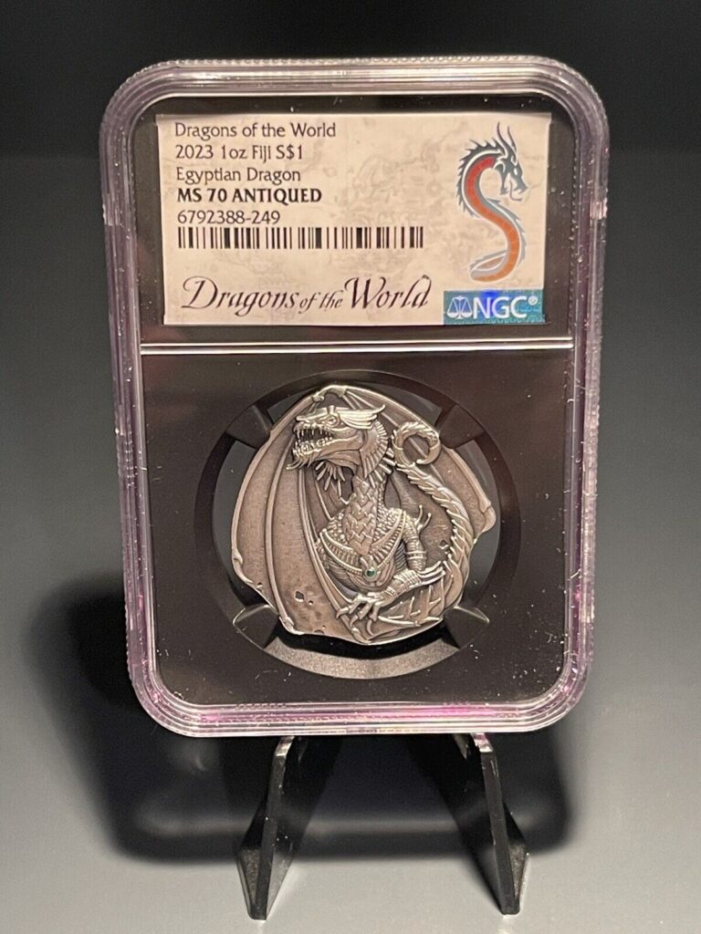 Read more about the article 2023 Fiji Egyptian Dragon 1 oz .999 Silver Antiqued  Coin NGC MS70 – RARE