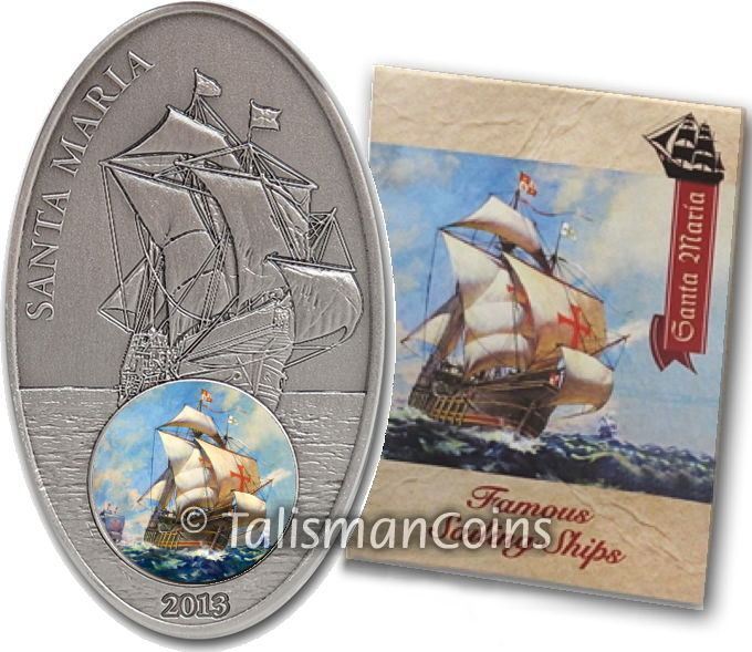 Read more about the article Benin 2013 SANTA MARIA Tall Sailing Ships 1000 Francs Oval w Silver Color Glass