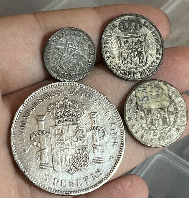 Read more about the article LOT 4 Coins 1860s Spanish Colonial Silver Old Coin Made By Forgerors Low Alloy
