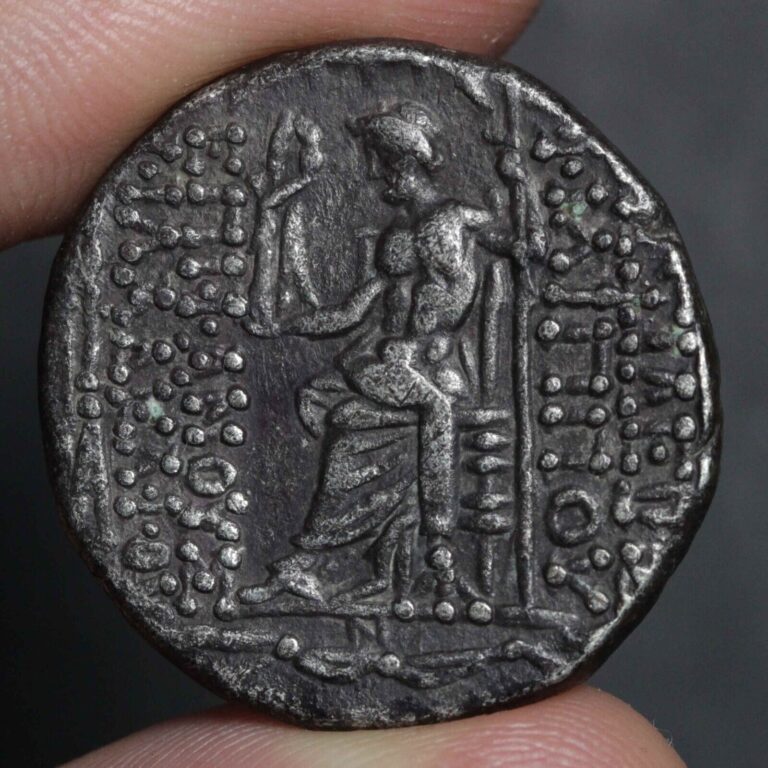 Read more about the article Ancient Greece Silver Coin Zeus King of the Gods Tetradrachm 94BC Seleukid VF