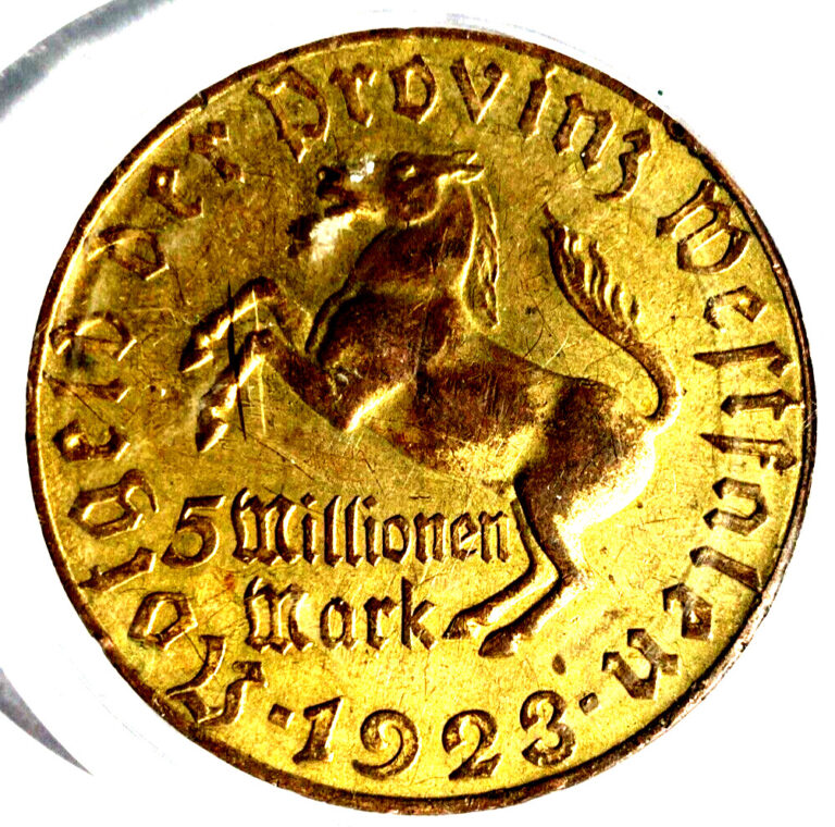 Read more about the article Gold coated 1923 Germany 5 Million Mark Westphalia Province Hyperinflation coin