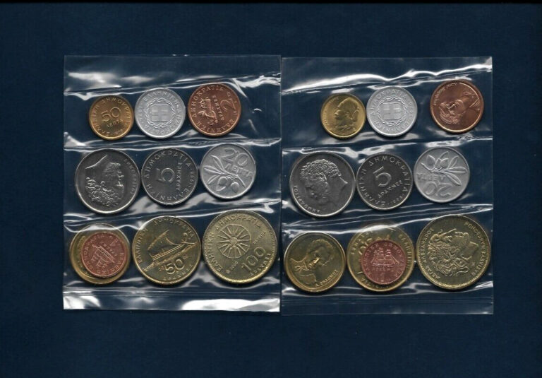Read more about the article Greece 10 20 50 1 2 5 10 20 50 100 DRACHMA Pre Euro 1973-2000 UNC Greek Coin Set