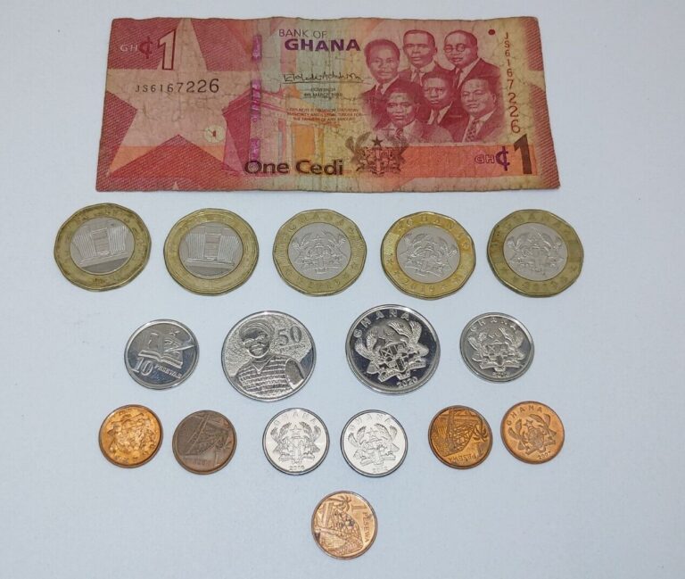 Read more about the article Ghana 1 Cedi 1 5 10 50 Pesewas Coins 1 Bill African West Africa Coin Lot Collect