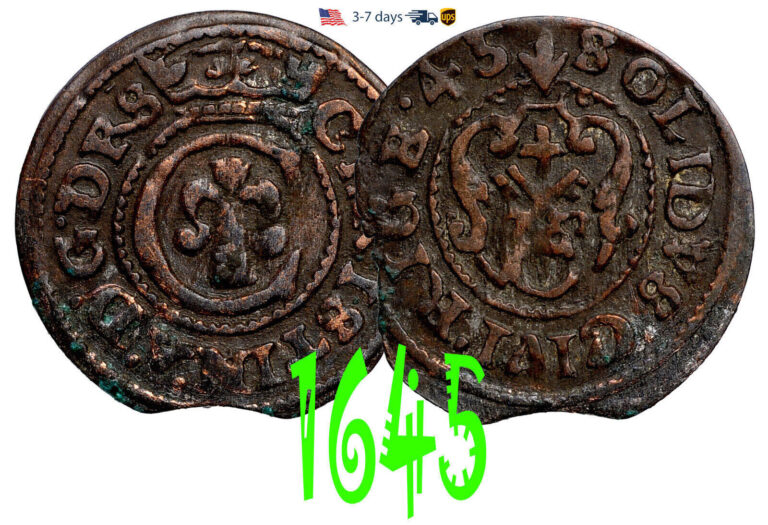 Read more about the article Sweden RIGA Schilling Solidus 1645 Queen Christina Billon Coin #12086