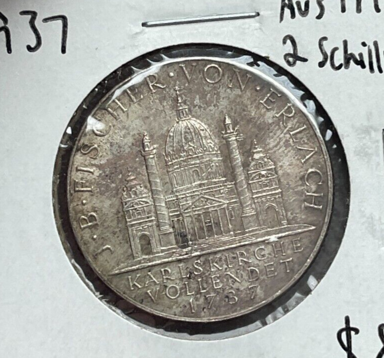 Read more about the article 1937 Austria 2 Schilling – St Karl Church – Silver L2