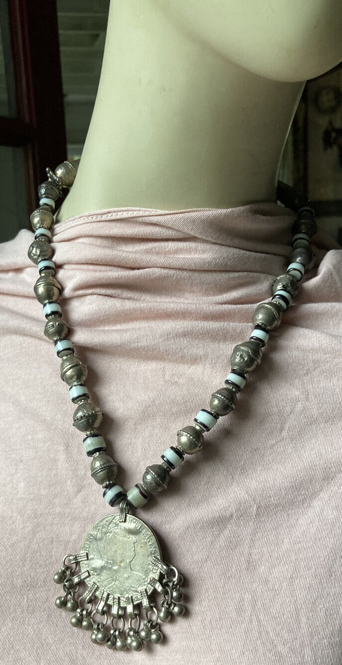 Read more about the article 1800’S YEMEN TRIBAL BEDOUIN NECKLACE 1780 AUSTRIAN SILVER THALER COIN GLASS BEAD