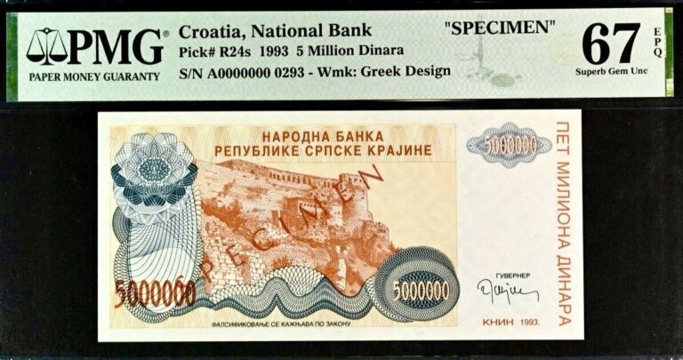 Read more about the article Croatia 5 Million Dinara Pick# R24s 1993 Specimen PMG 67 EPQ Superb Gem Unc