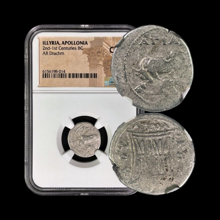 Read more about the article ILLYRIA. 200 BC  Drachm  Silver – NGC Ch F – Apollonia  Agias  Kados  Cow and Calf