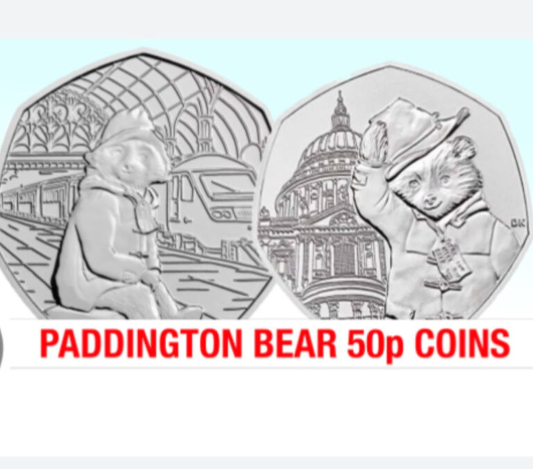 Read more about the article British pounds. UK 2 X PADDINGTON BEAR COLLECTION 50p fifty pence. England coin.