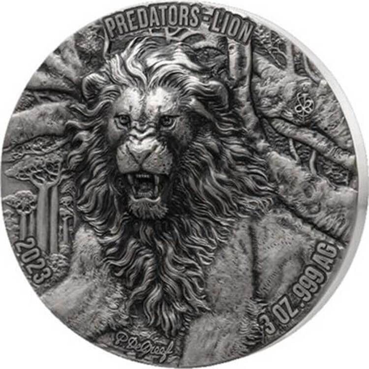 Read more about the article Lion Predators 3 oz Antique finish Silver Coin 5000 Francs CFA Ivory Coast 2023