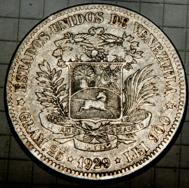 Read more about the article Venezuela 1929 5 Bolivares Extra Fine VF  Silver Coin Plata 900 Crown High 9 Key