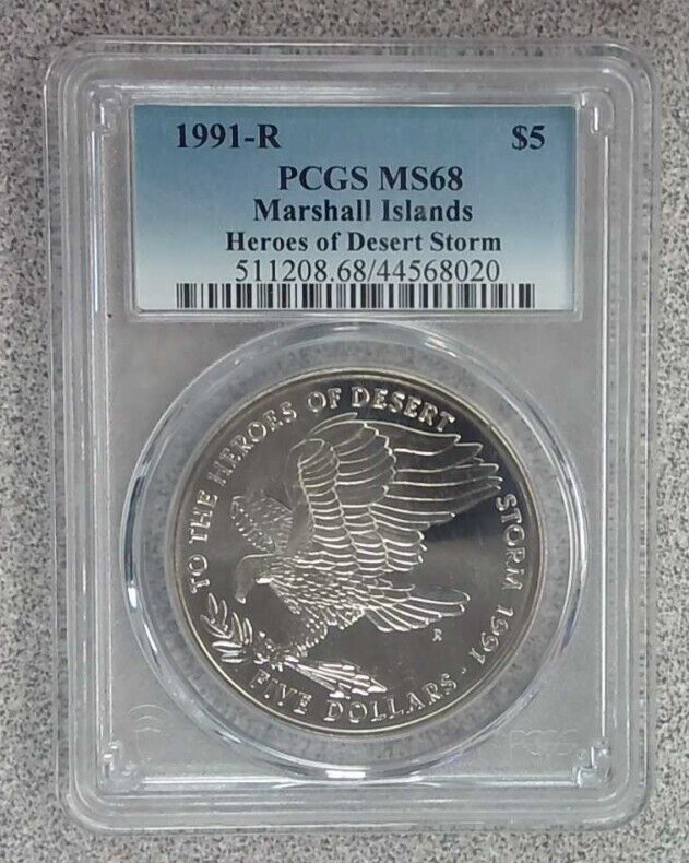 Read more about the article 1991-R $5 Marshall Islands Heroes Deset Storm PCGS MS68 .999 Silver 1 oz.