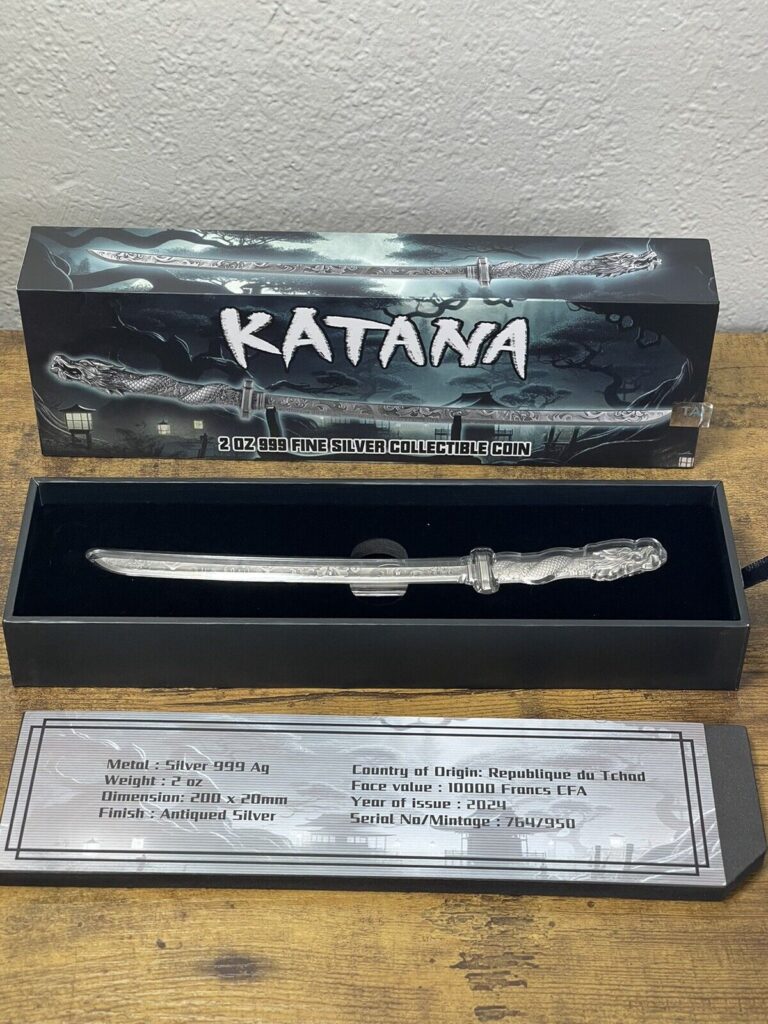 Read more about the article 2024 Chad Katana Shaped 2 oz Silver Antiqued Coin  MIntage 950 UNSEALED