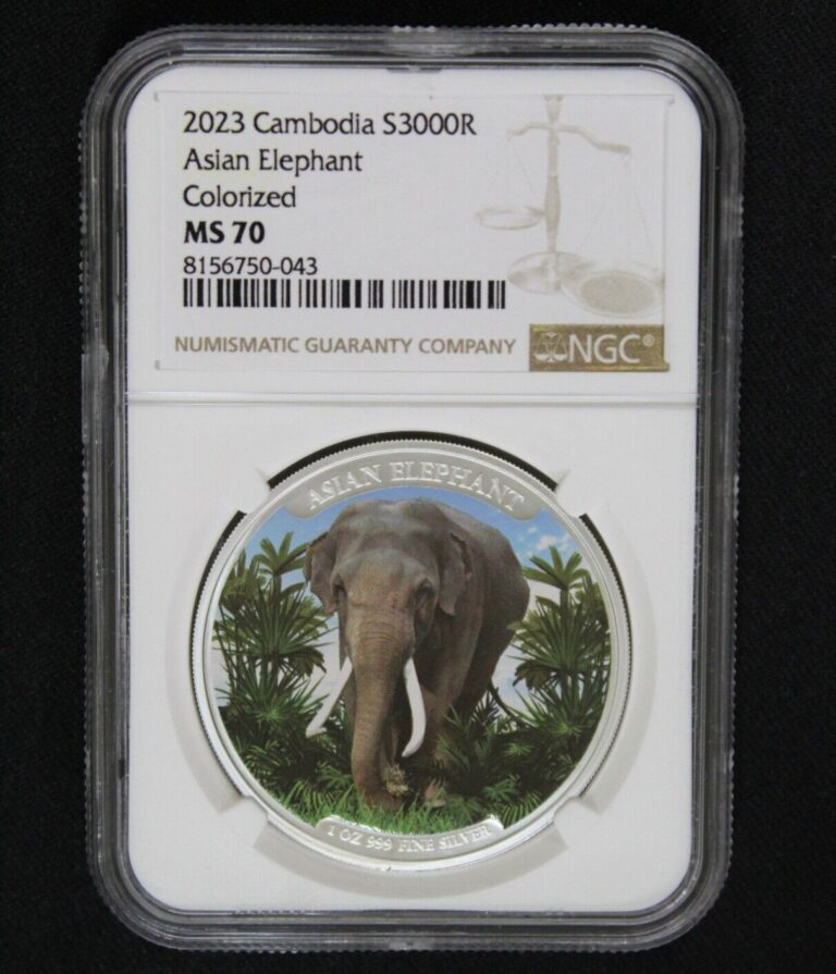 Read more about the article 2023 Cambodia 3000 Reils Silver 1 oz Asian Elephant Colorized NGC MS70 Perfect