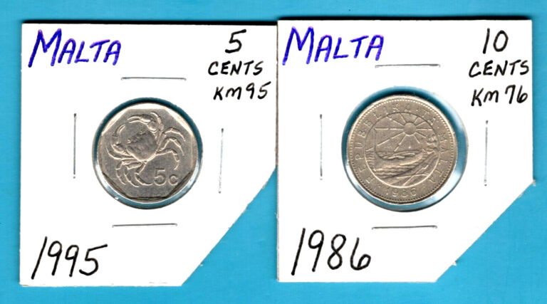 Read more about the article MALTA- 2 BEAUTIFUL HISTORICAL COINS : 1986  10 CENTS and 1995  5 CENTS