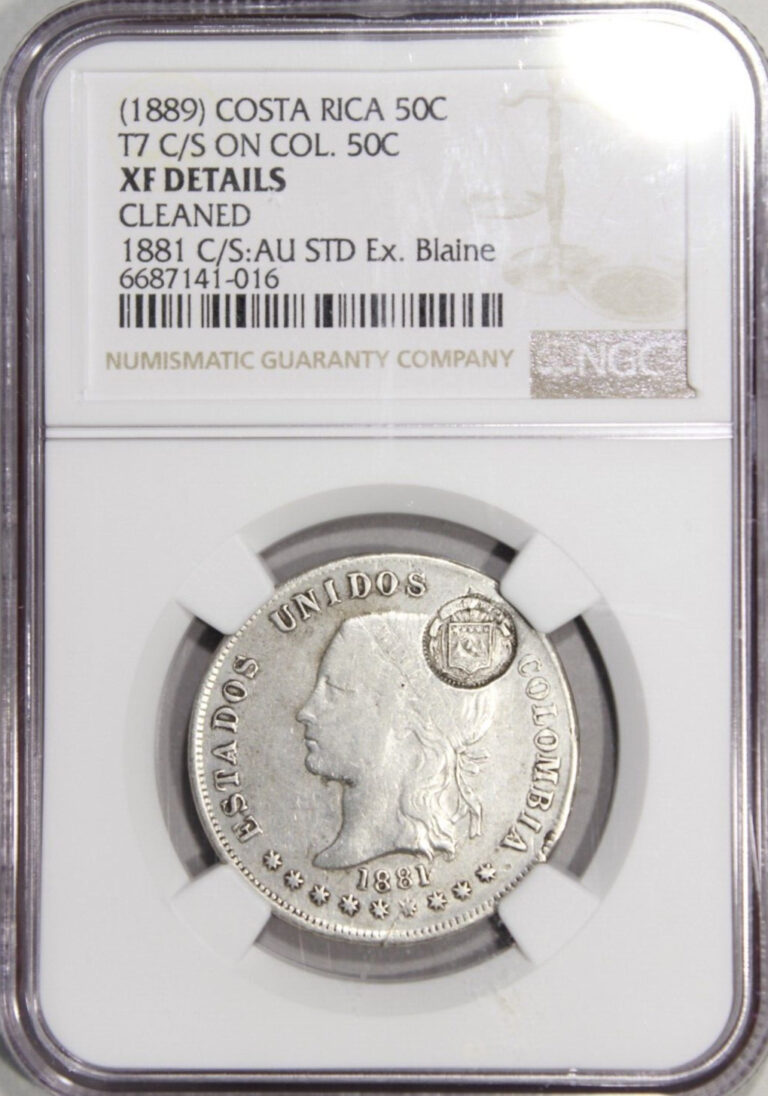 Read more about the article Costa Rica 50 Centavos (1889) C/S on Colombia 1881 50 Cent.  NGC XF Type VII