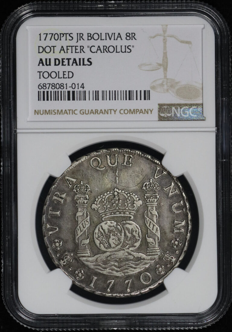 Read more about the article 1770PTS JR Bolivia Silver 8 Reales with Dot After Carolus NGC AU Details Tooled