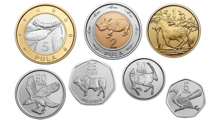 Read more about the article Botswana Set 7 PCS Coins  5 10 25 50 Thebe 1 2 5 Pula 2013-2016  UNC  Animals